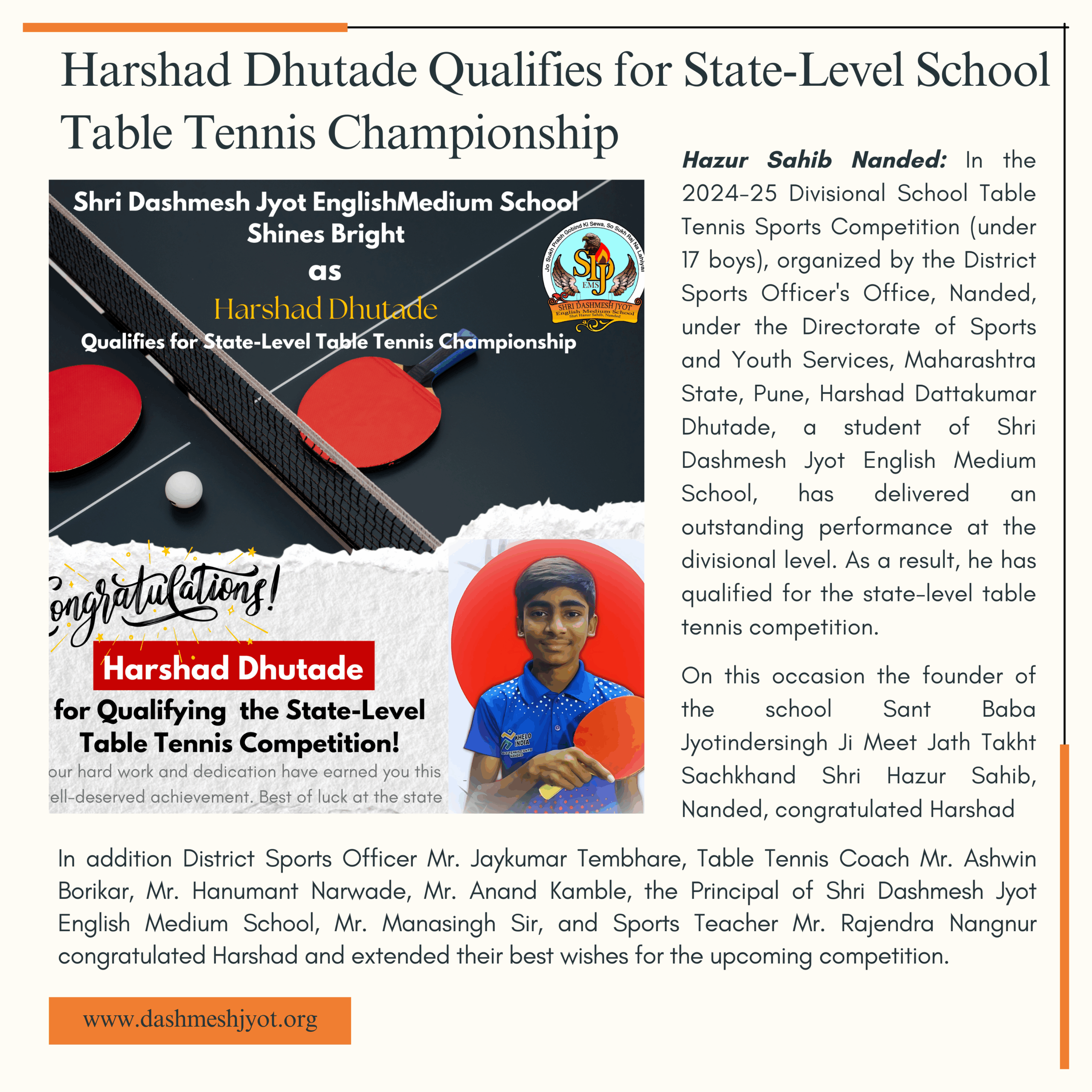 Harshad Dhutade Qualifies for State-Level School Table Tennis Championship